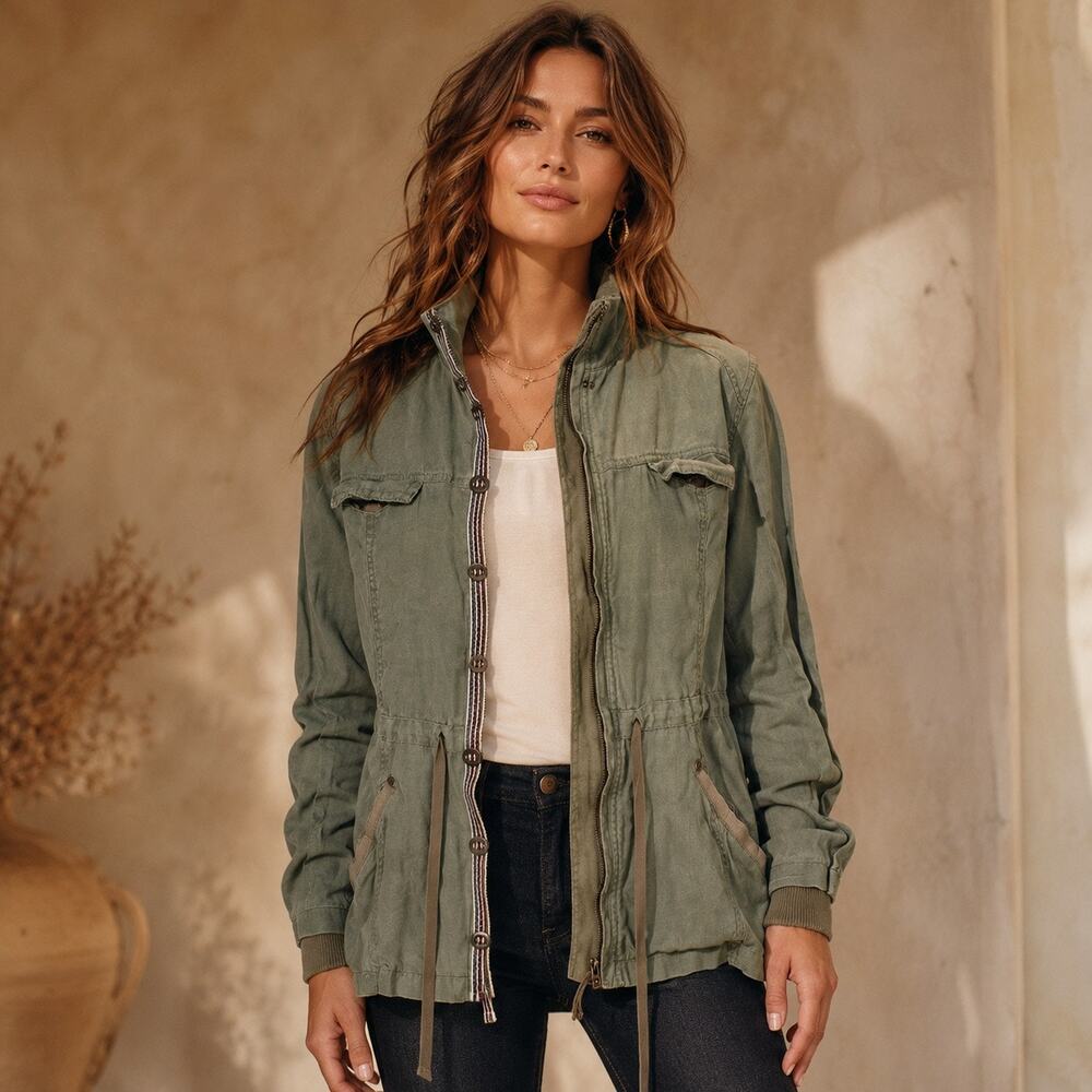 Boho Utility Luxe Michael Stars Olive Linen Military Field Jacket XS Pristine